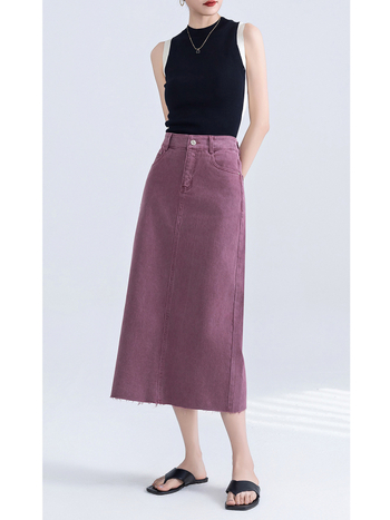 Traper midi suknja sa stražnjim prorezom, oprana, neravni rub, francuski retro stil