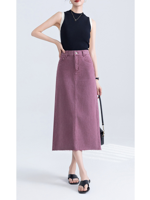 Traper midi suknja sa stražnjim prorezom, oprana, neravni rub, francuski retro stil