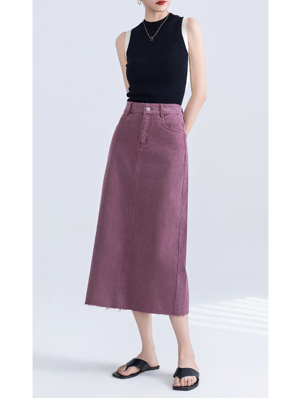 Traper midi suknja sa stražnjim prorezom, oprana, neravni rub, francuski retro stil