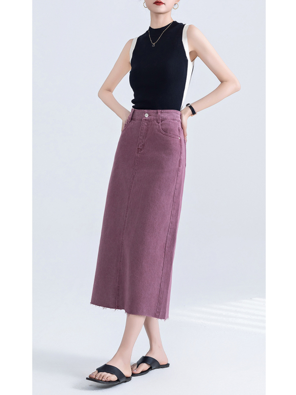 Traper midi suknja sa stražnjim prorezom, oprana, neravni rub, francuski retro stil