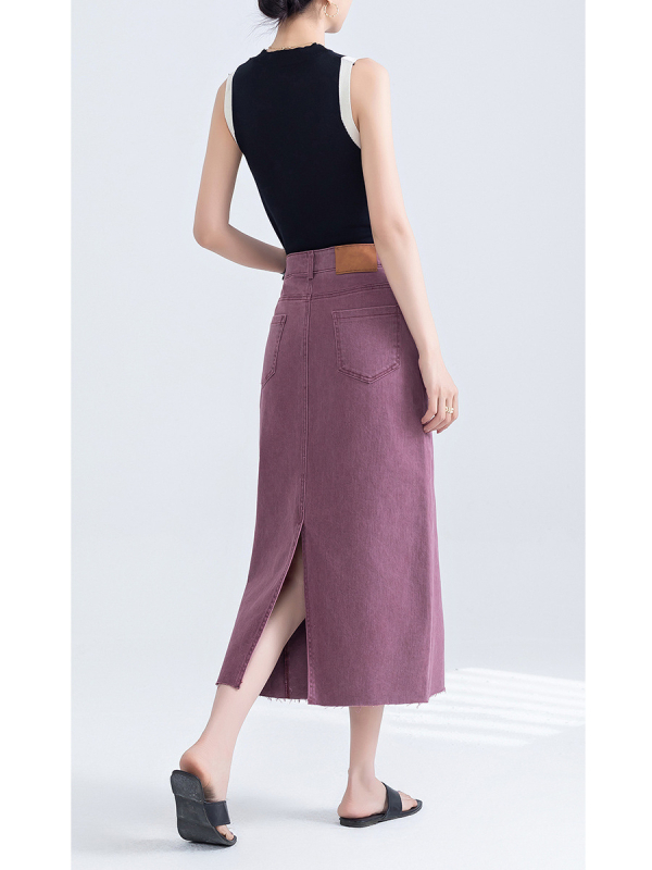 Traper midi suknja sa stražnjim prorezom, oprana, neravni rub, francuski retro stil