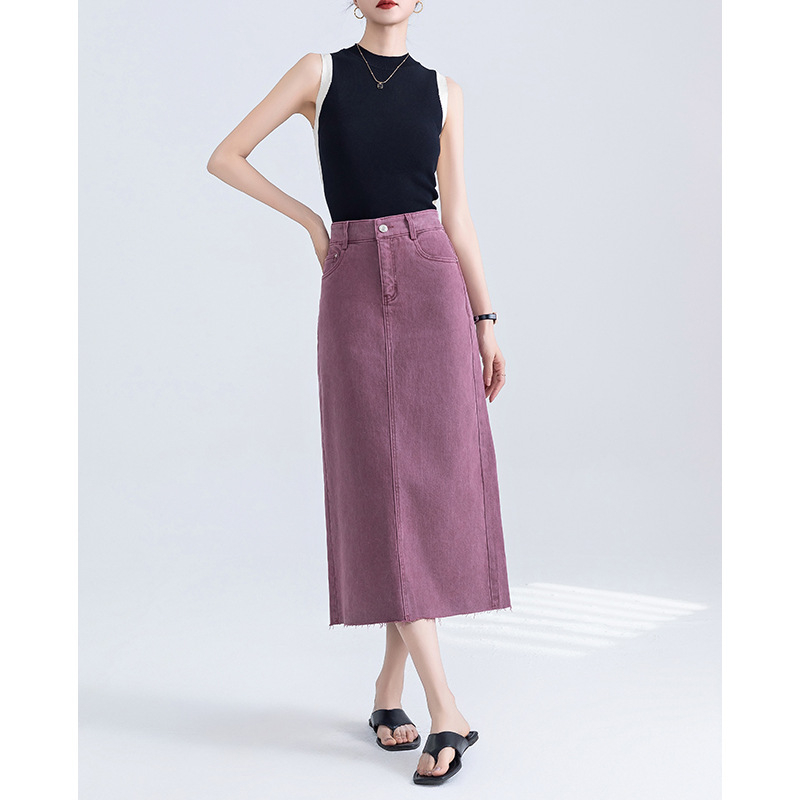 Traper midi suknja sa stražnjim prorezom, oprana, neravni rub, francuski retro stil