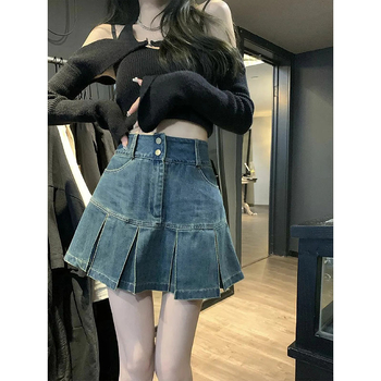 Denim plisirana kratka suknja - visokim strukom, jednofarbeni uzorak, pamuk-denim mješavina, jesen 2025