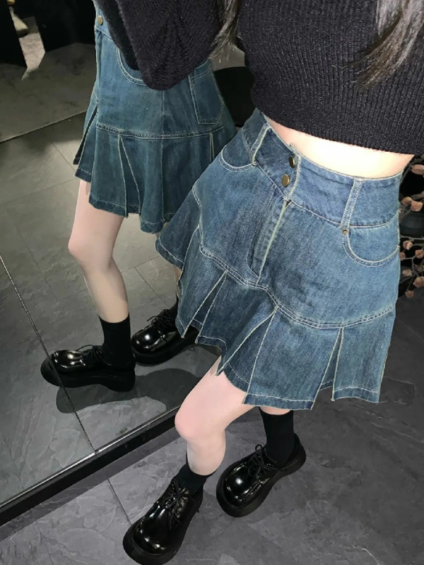 Denim plisirana kratka suknja - visokim strukom, jednofarbeni uzorak, pamuk-denim mješavina, jesen 2025