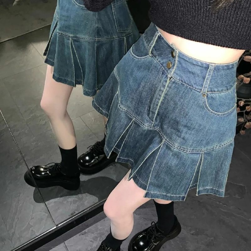 Denim plisirana kratka suknja - visokim strukom, jednofarbeni uzorak, pamuk-denim mješavina, jesen 2025