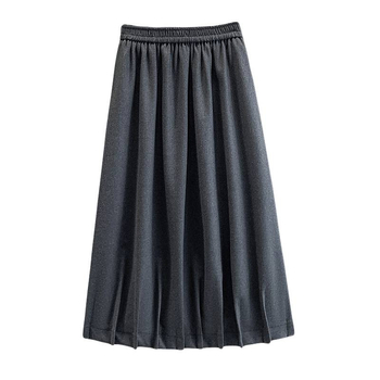 Vunena srednje duga A-linijska suknja s korejskim stilom plisiranog ruba, elastičan pojas i trodimenzionalni kroj; 70–80% pamuka, do 30% elastana.