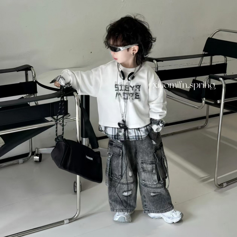 Muški dječji proljetni set: hoodie i traperice, dva dijela, pamuk 71–80%, hip-hop stil s natpisom, dugim rukavima, za djecu 8+ godina (~140 cm), proljeće 2025