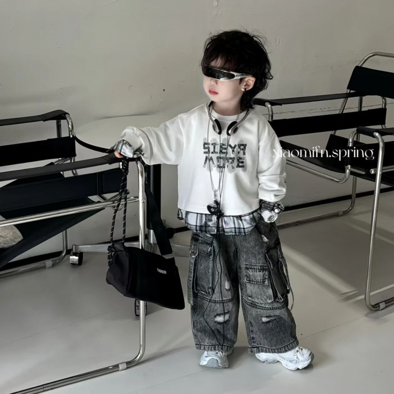 Muški dječji proljetni set: hoodie i traperice, dva dijela, pamuk 71–80%, hip-hop stil s natpisom, dugim rukavima, za djecu 8+ godina (~140 cm), proljeće 2025