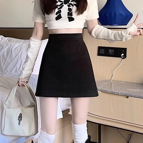 A-linijska vunena kratka suknja, mikroelastična, japansko-korejski casual stil, zima 2023