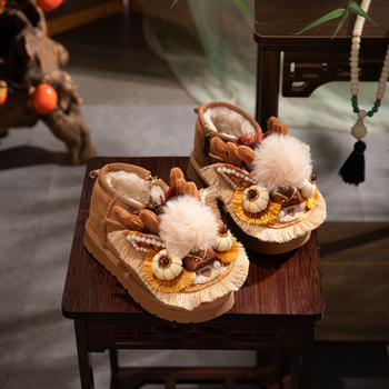 Ghete pentru copii cu design tigru, stil etnic, partea superioară din bumbac, talpă din cauciuc, căldură groasă, toamna 2025, pentru vârsta 7–16 ani