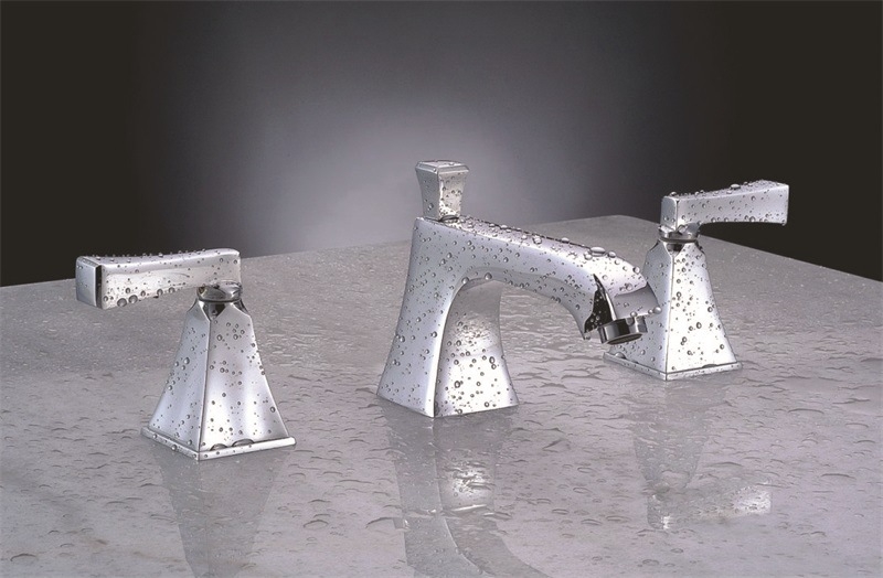 Set slavina za umivaonik s tri otvori, s vučnom šipkom i dvostrukim ručkama, model 3683, mesing tijelo, keramički disk ventil, G1/2 priključci, ugradnja ispod umivaonika