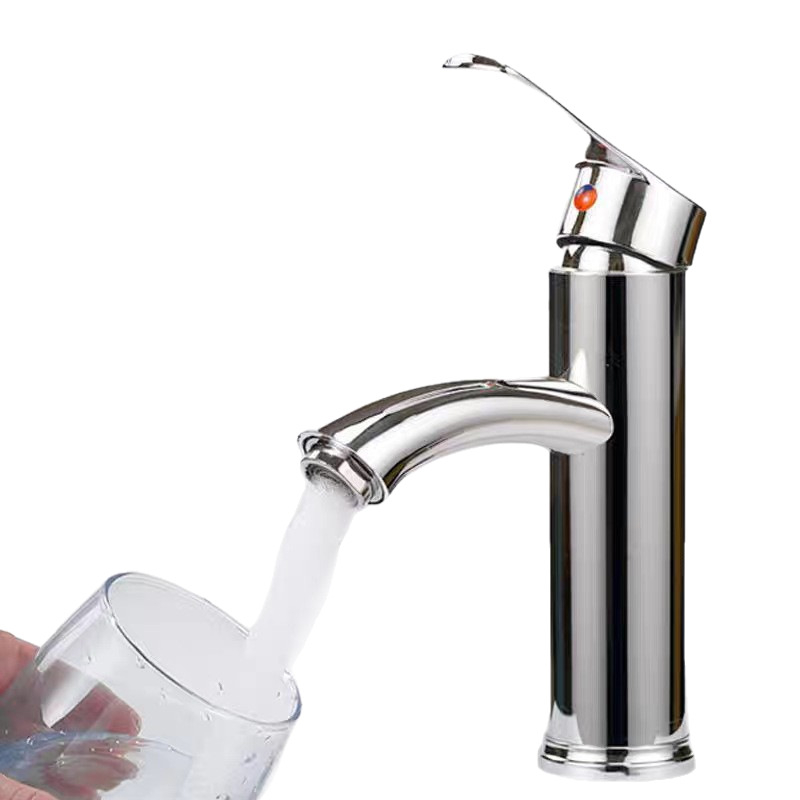 Slavina za umivaonik u kupaoni s toplom i hladnom vodom, od nehrđajućeg čelika 304, keramički disk ventil, podizni mehanizam, montaža na jedan otvor