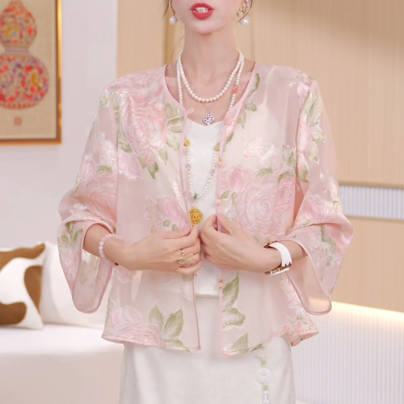 Ženski organza kardigan s izvezenim uzorkom, slobodan kroj, dugi rukav, okrugli izrez, tanak materijal