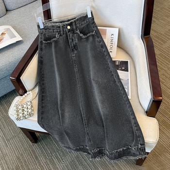 Ženska traper suknja A-linije, midi duljine; pamuk denim; 70-80% pamuk; ljeto 2024; stil: gradski, moderan