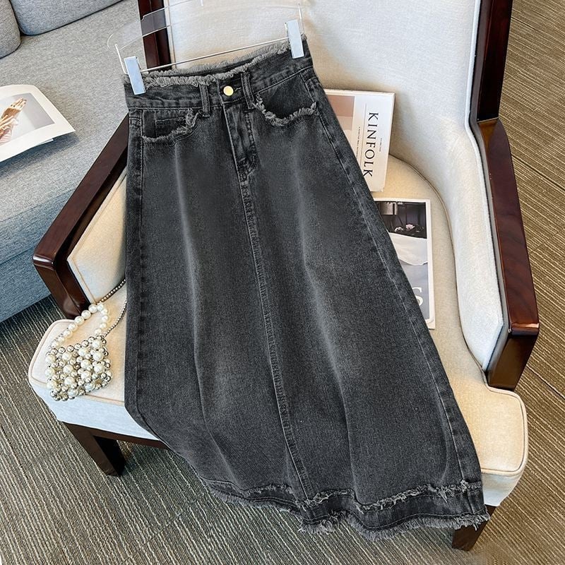 Ženska traper suknja A-linije, midi duljine; pamuk denim; 70-80% pamuk; ljeto 2024; stil: gradski, moderan