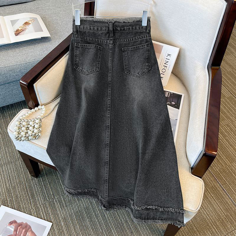 Ženska traper suknja A-linije, midi duljine; pamuk denim; 70-80% pamuk; ljeto 2024; stil: gradski, moderan