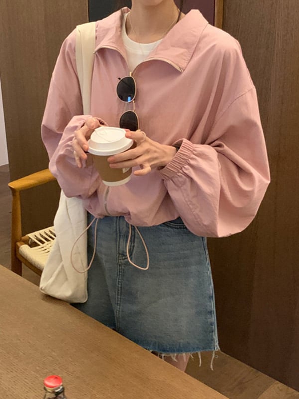 Jakna, opušteni kroj, korejsko-japanski casual stil, stojeći ovratnik, kopčanje s kopčama (jedan red s više kopči), pamukova tkanina 50-70%