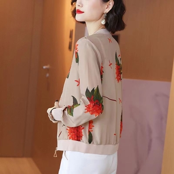 Дамско късо яке с флорален принт, свободен модел, дълъг ръкав, кръгло деколте, цип