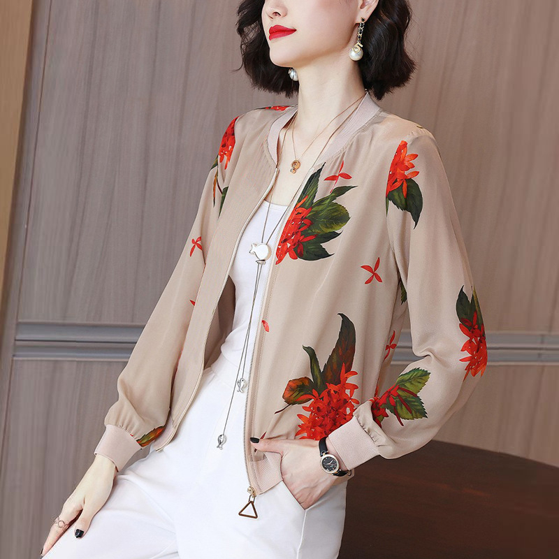 Дамско късо яке с флорален принт, свободен модел, дълъг ръкав, кръгло деколте, цип