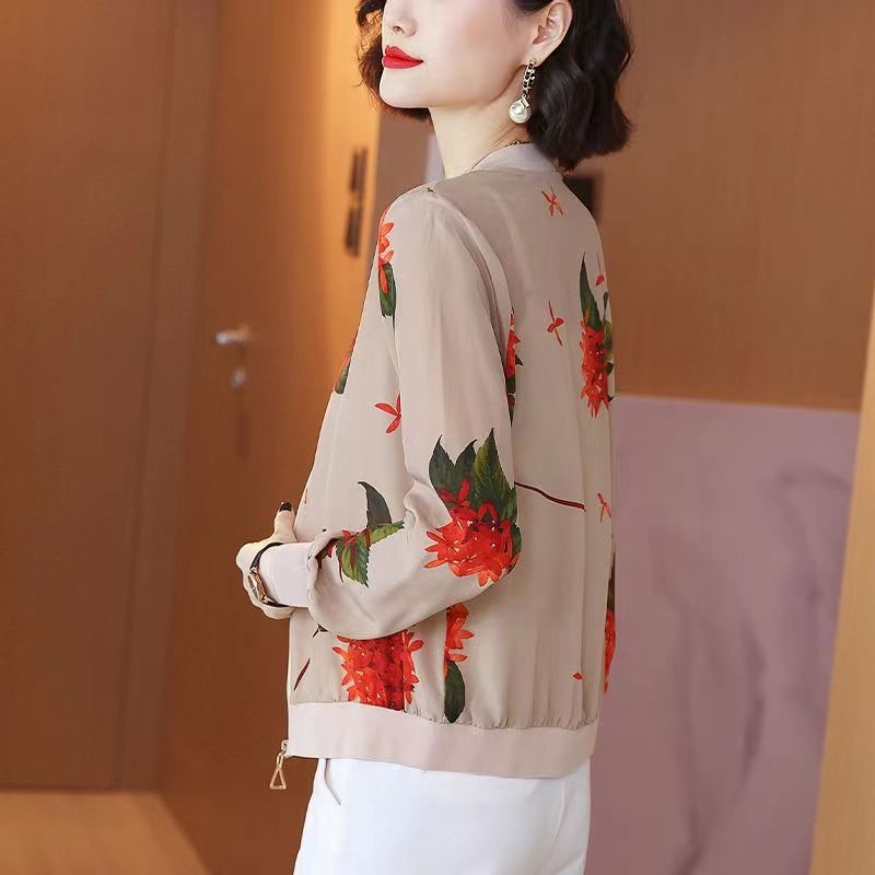 Дамско късо яке с флорален принт, свободен модел, дълъг ръкав, кръгло деколте, цип