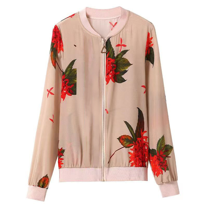 Дамско късо яке с флорален принт, свободен модел, дълъг ръкав, кръгло деколте, цип