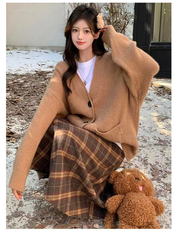 Καρό μάλλινη φούστα ομπρέλα, υψηλή μέση, μεσαίου μήκους