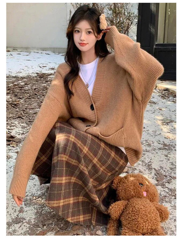 Καρό μάλλινη φούστα ομπρέλα, υψηλή μέση, μεσαίου μήκους