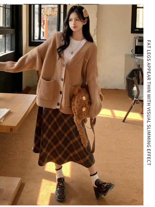 Καρό μάλλινη φούστα ομπρέλα, υψηλή μέση, μεσαίου μήκους