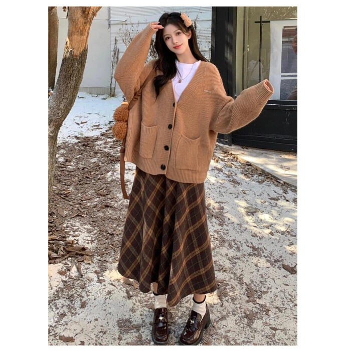 Καρό μάλλινη φούστα ομπρέλα, υψηλή μέση, μεσαίου μήκους