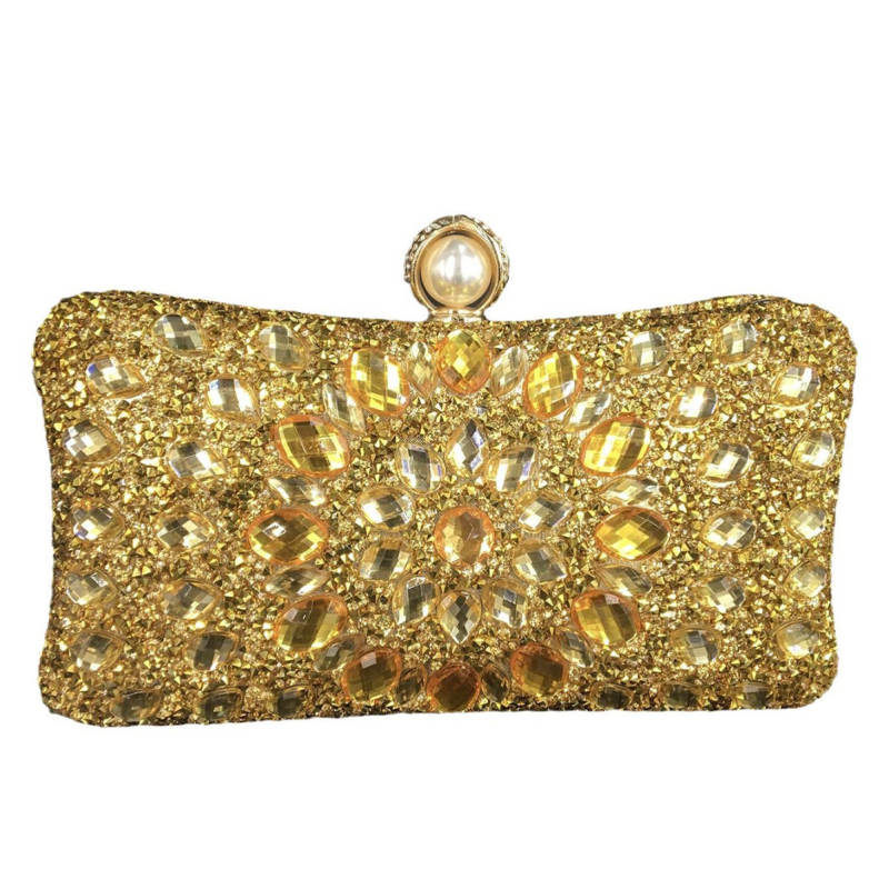 Clutch za banket s motivom suncokreta (Materijal: poliester; Podstava: poliester; Oblik torbice: jastučastog oblika; Unutarnji džep za mobitel; Zaključavanje)