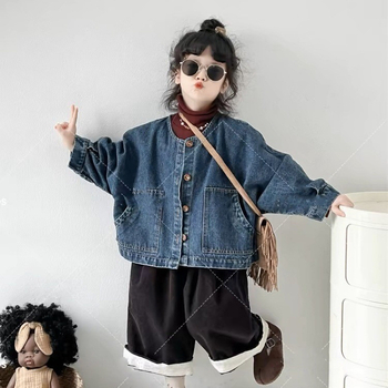 Τζάκετ ντένιμ με κορεάτικο στυλ για κορίτσια - μονόμπουρτο κλείσιμο, μίγμα ντένιμ/βαμβάκι 91-95%, μονόχρωμο, για παιδιά άνω των 8 ετών (140 cm+), Άνοιξη-Φθινόπωρο