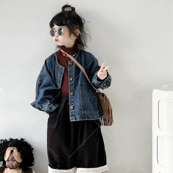 Τζάκετ ντένιμ με κορεάτικο στυλ για κορίτσια - μονόμπουρτο κλείσιμο, μίγμα ντένιμ/βαμβάκι 91-95%, μονόχρωμο, για παιδιά άνω των 8 ετών (140 cm+), Άνοιξη-Φθινόπωρο