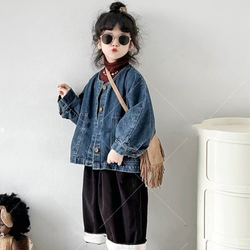 Τζάκετ ντένιμ με κορεάτικο στυλ για κορίτσια - μονόμπουρτο κλείσιμο, μίγμα ντένιμ/βαμβάκι 91-95%, μονόχρωμο, για παιδιά άνω των 8 ετών (140 cm+), Άνοιξη-Φθινόπωρο