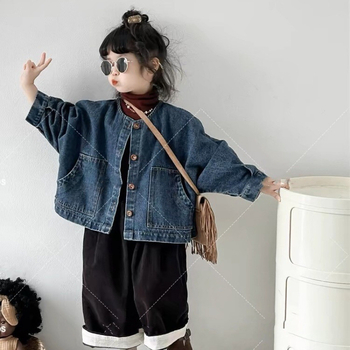 Τζάκετ ντένιμ με κορεάτικο στυλ για κορίτσια - μονόμπουρτο κλείσιμο, μίγμα ντένιμ/βαμβάκι 91-95%, μονόχρωμο, για παιδιά άνω των 8 ετών (140 cm+), Άνοιξη-Φθινόπωρο