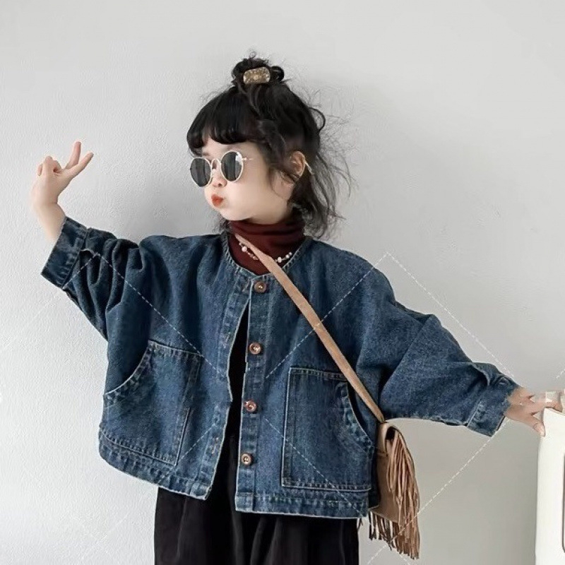Τζάκετ ντένιμ με κορεάτικο στυλ για κορίτσια - μονόμπουρτο κλείσιμο, μίγμα ντένιμ/βαμβάκι 91-95%, μονόχρωμο, για παιδιά άνω των 8 ετών (140 cm+), Άνοιξη-Φθινόπωρο