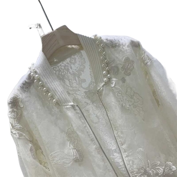 Дамско палто със слънцезащитна защита и бродерия с мъниста, кръгло деколте, дълги ръкави, 95% полиестер, дзен ретро стил