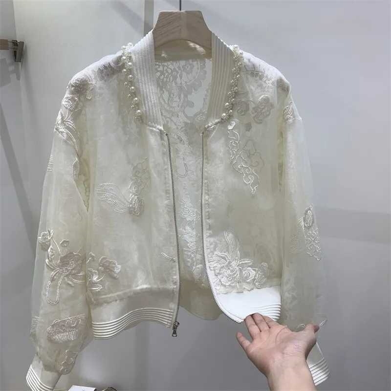 Дамско палто със слънцезащитна защита и бродерия с мъниста, кръгло деколте, дълги ръкави, 95% полиестер, дзен ретро стил