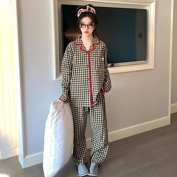 Ženski pajama set od cloud pamuka s kariranim uzorkom, dugi rukavi, ovratnik s reverom, hlače