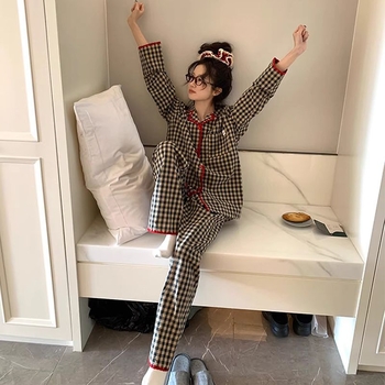 Ženski pajama set od cloud pamuka s kariranim uzorkom, dugi rukavi, ovratnik s reverom, hlače