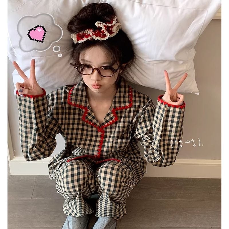 Ženski pajama set od cloud pamuka s kariranim uzorkom, dugi rukavi, ovratnik s reverom, hlače