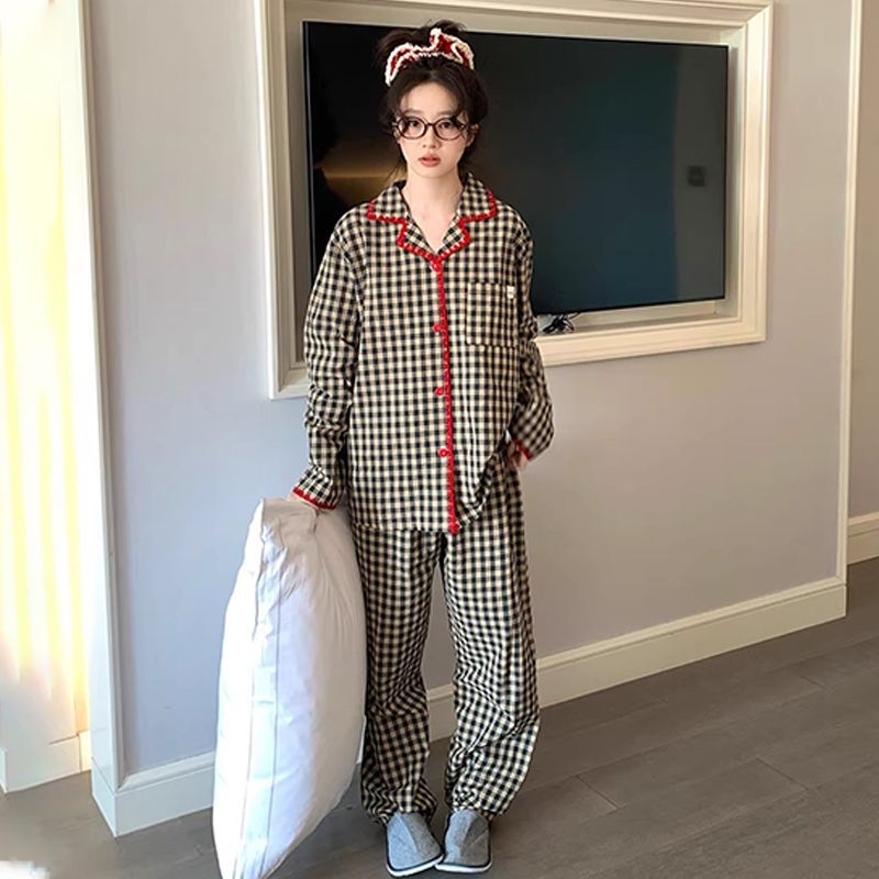 Ženski pajama set od cloud pamuka s kariranim uzorkom, dugi rukavi, ovratnik s reverom, hlače