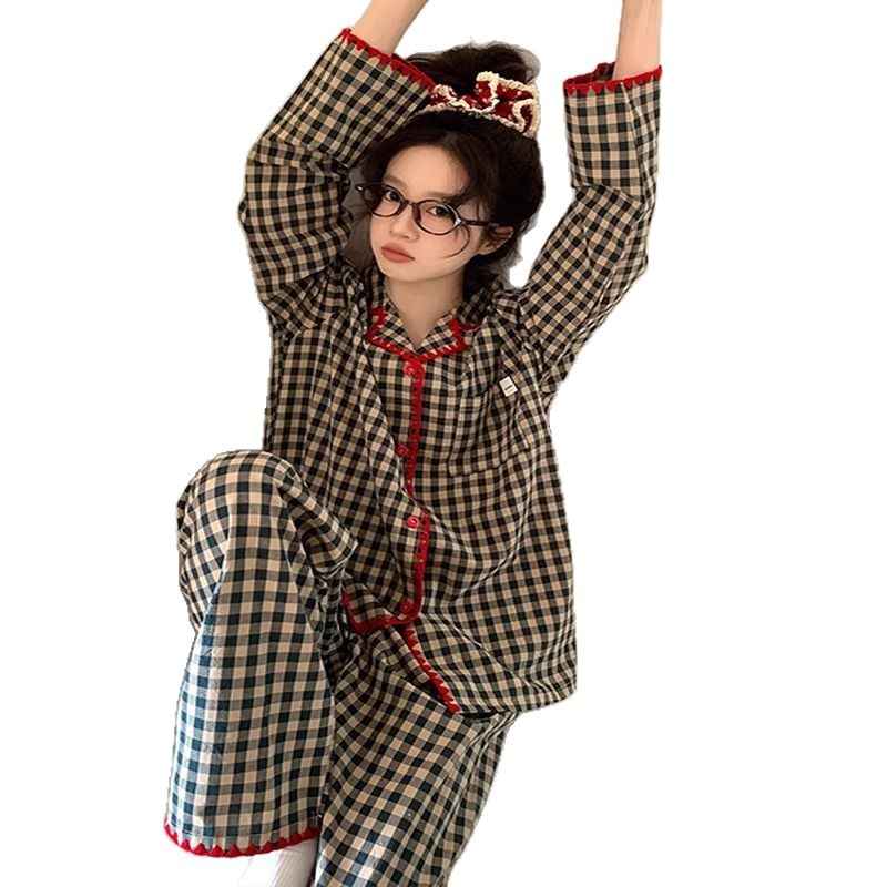 Ženski pajama set od cloud pamuka s kariranim uzorkom, dugi rukavi, ovratnik s reverom, hlače