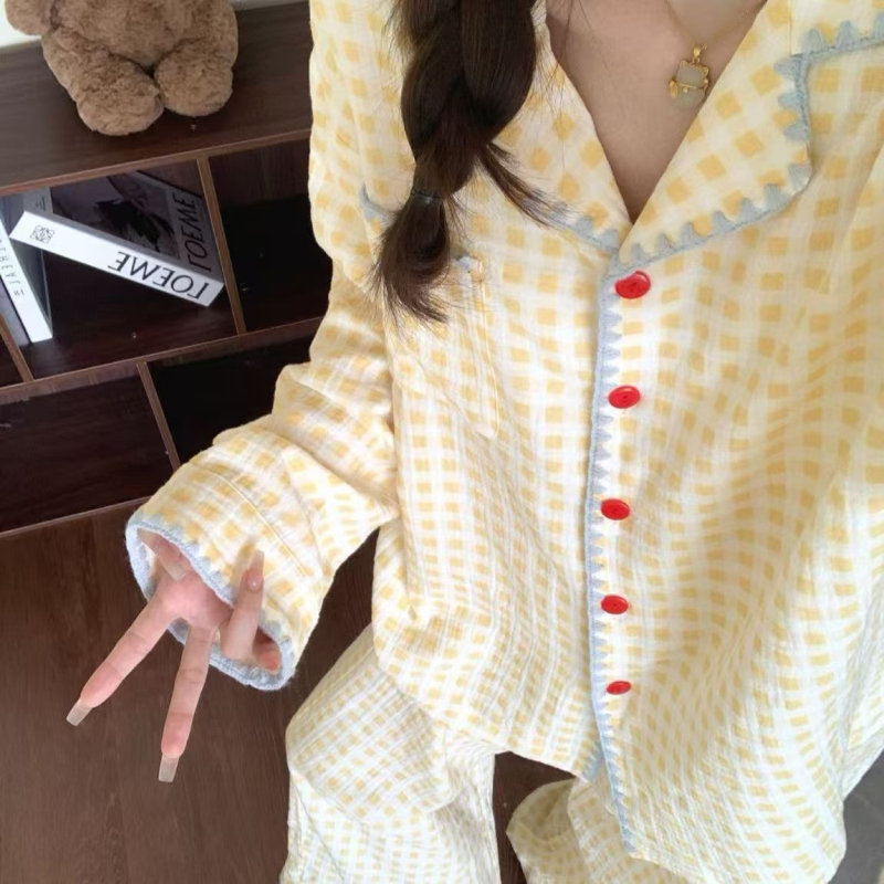 Ženski pajama set od cloud pamuka s kariranim uzorkom, dugi rukavi, ovratnik s reverom, hlače
