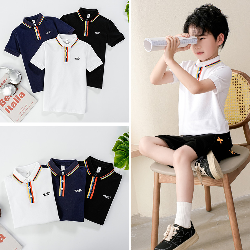 Dječja pamučna polo majica s reverom, kratki rukavi, ptičja vez, korejski stil klasičan