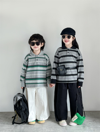 Polo majica za djecu, korejskog stila, prugasta, široki kroj, dugi rukav, pamuk-mešavina s otiskom