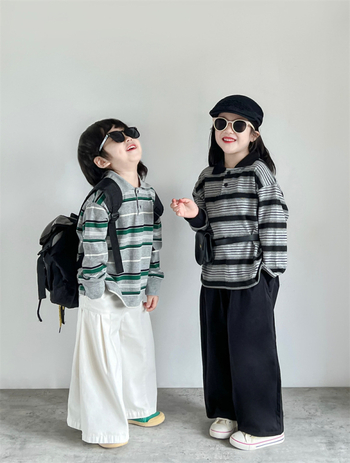 Polo majica za djecu, korejskog stila, prugasta, široki kroj, dugi rukav, pamuk-mešavina s otiskom