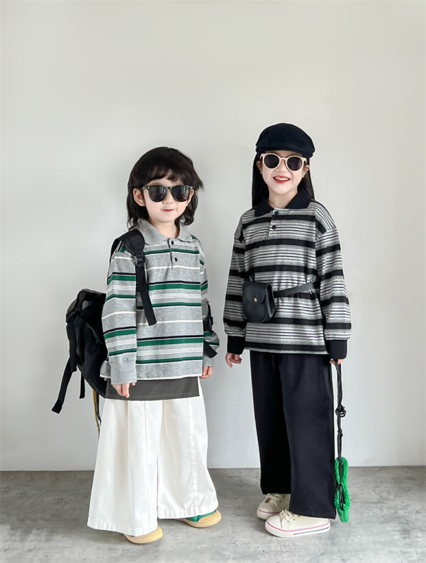 Polo majica za djecu, korejskog stila, prugasta, široki kroj, dugi rukav, pamuk-mešavina s otiskom