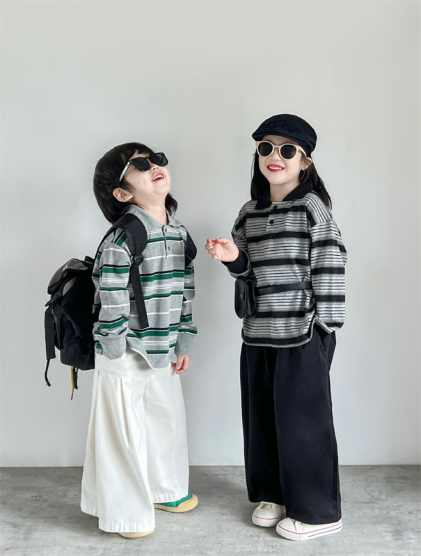 Polo majica za djecu, korejskog stila, prugasta, široki kroj, dugi rukav, pamuk-mešavina s otiskom