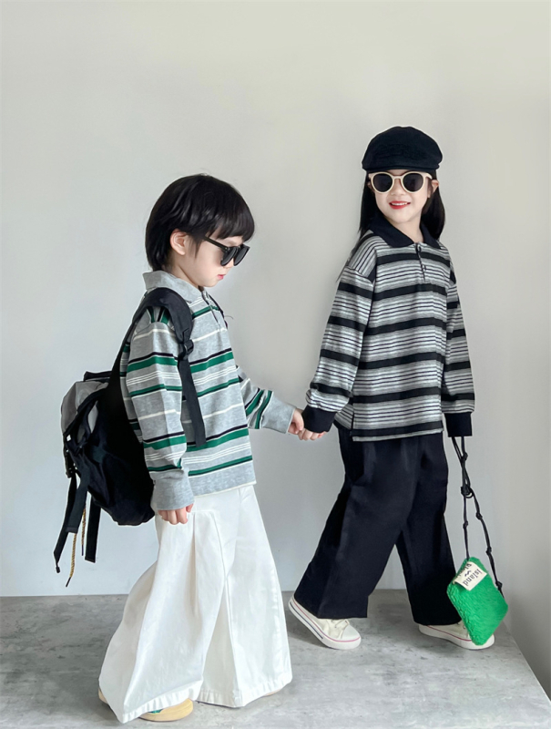 Polo majica za djecu, korejskog stila, prugasta, široki kroj, dugi rukav, pamuk-mešavina s otiskom