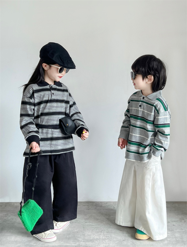 Polo majica za djecu, korejskog stila, prugasta, široki kroj, dugi rukav, pamuk-mešavina s otiskom